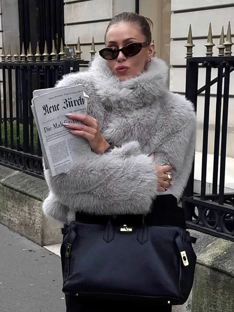 Elegancka krótka kurtka z imitacji futra damska miejska jednolita z klapami otwarte szwy pełne rękawy płaszcze damska jesienno-zimowa moda odzież wierzchnia