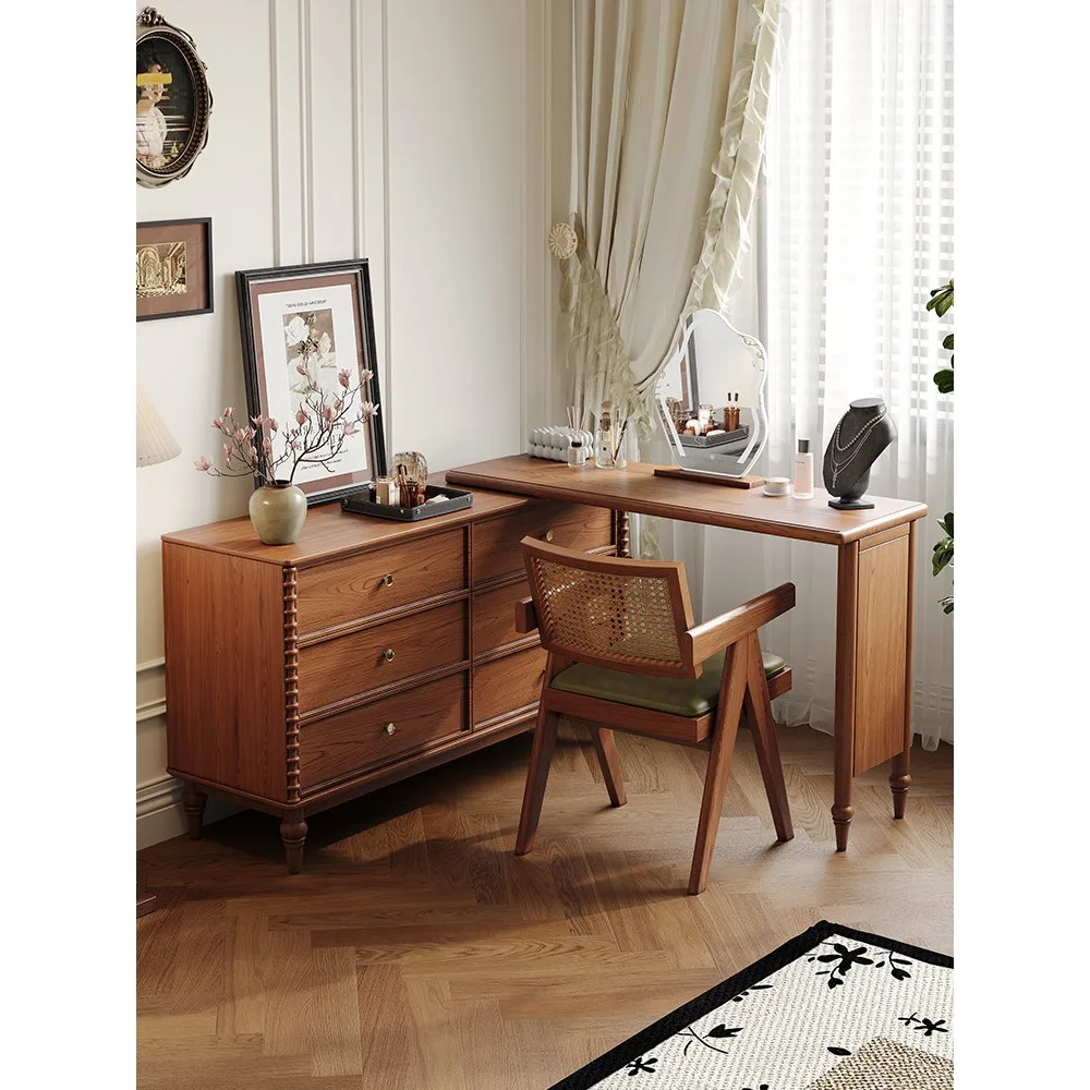 #French Vintage Solid Wood Dressing Table With Chest Of Drawers End Of Bed Storage Cabinet Corner Vanity Desk For Bedroom
