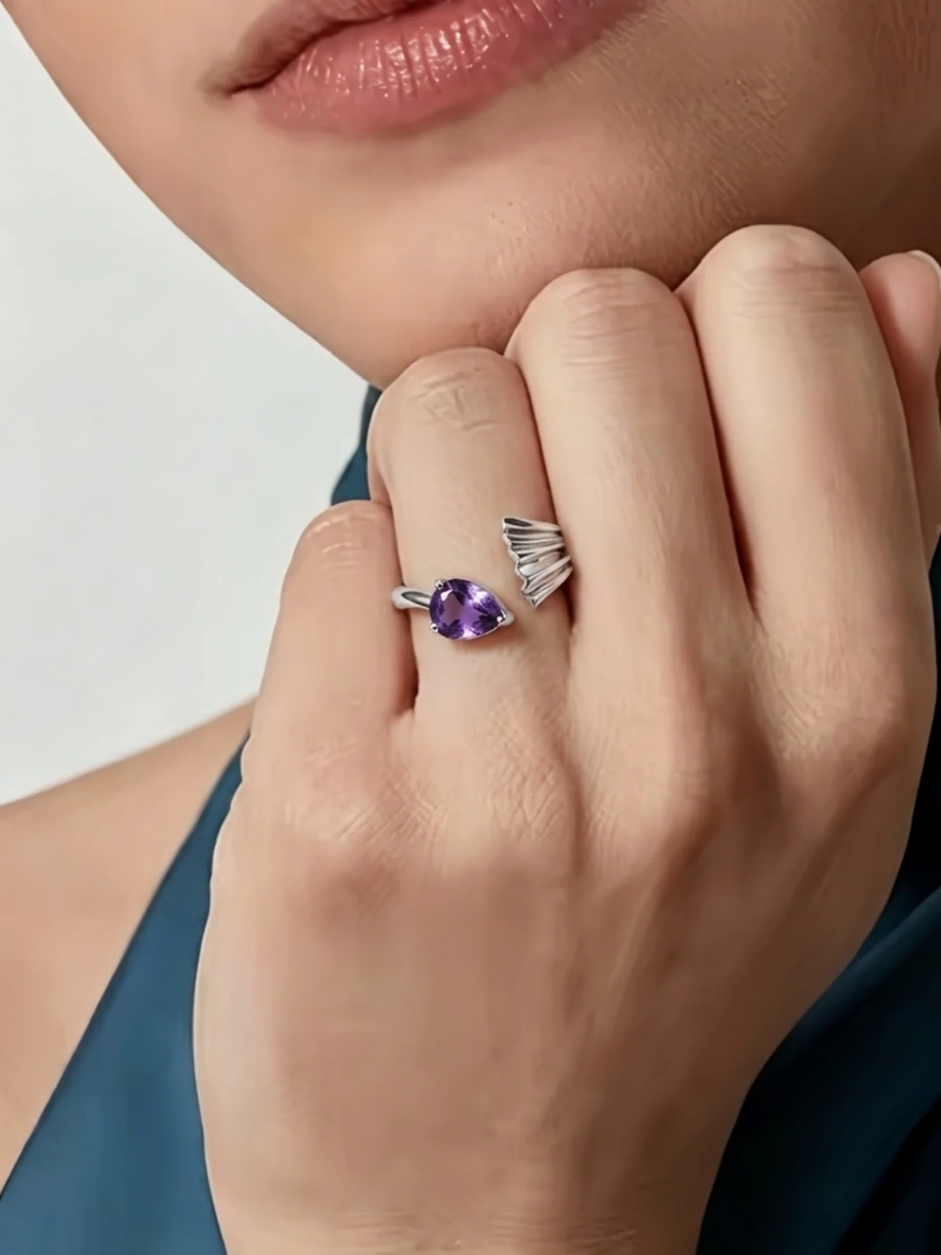 Adjustable Open Angel Wing Ring for Women, Purple Cubic Zirconia Silver Plated Fashion Finger Ring Jewelry Gift for Party