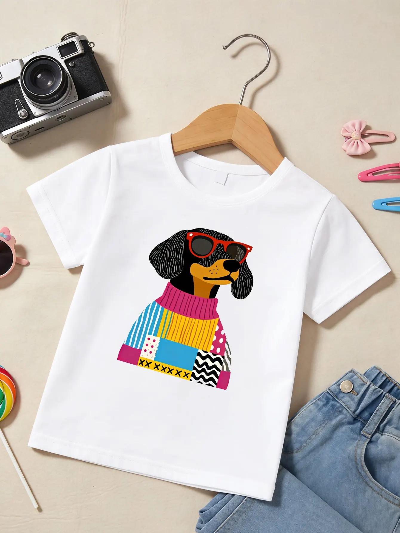 Color Block Dachshund With Sunglasses Print Family T Shirt Boys Girls Tee Parent Child Casual Top Mom Dad Kids Summer Daily Wear