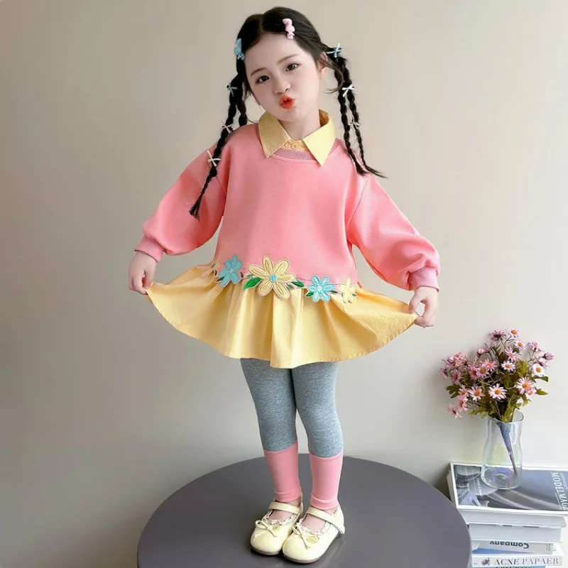 Girls' Set Stylish and Sweet Children's Hoodie Skirt Leggings Two-piece Set Little Girls' Baby Spring and Autumn Outfit