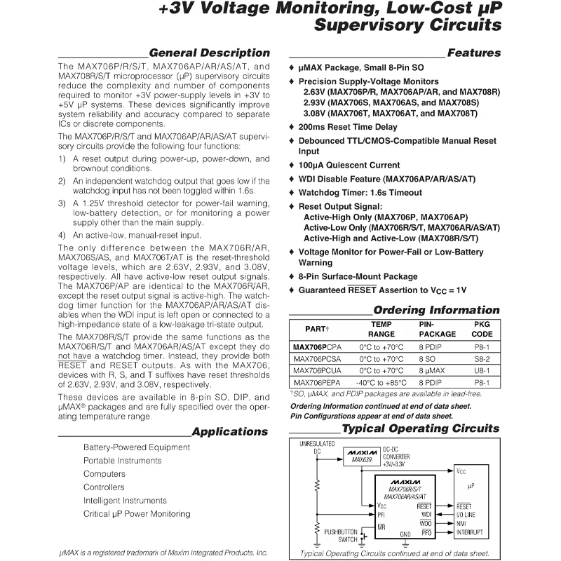 2 PCS MAX706RCSA+T SOP8 MAX706R CSA Voltage Monitor Push-Pull Monitoring and Reset Chip