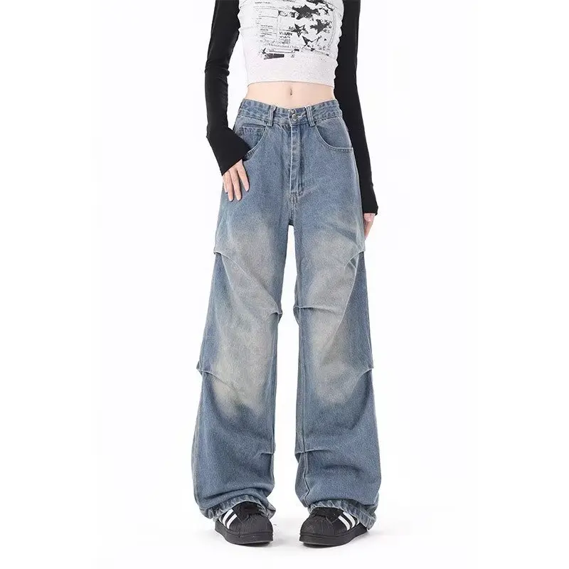 

American Style Vintage Jeans Women Y2K Grunge Distressed Fold Wide Leg Straight Denim Pants Female Retro Casual Trousers New