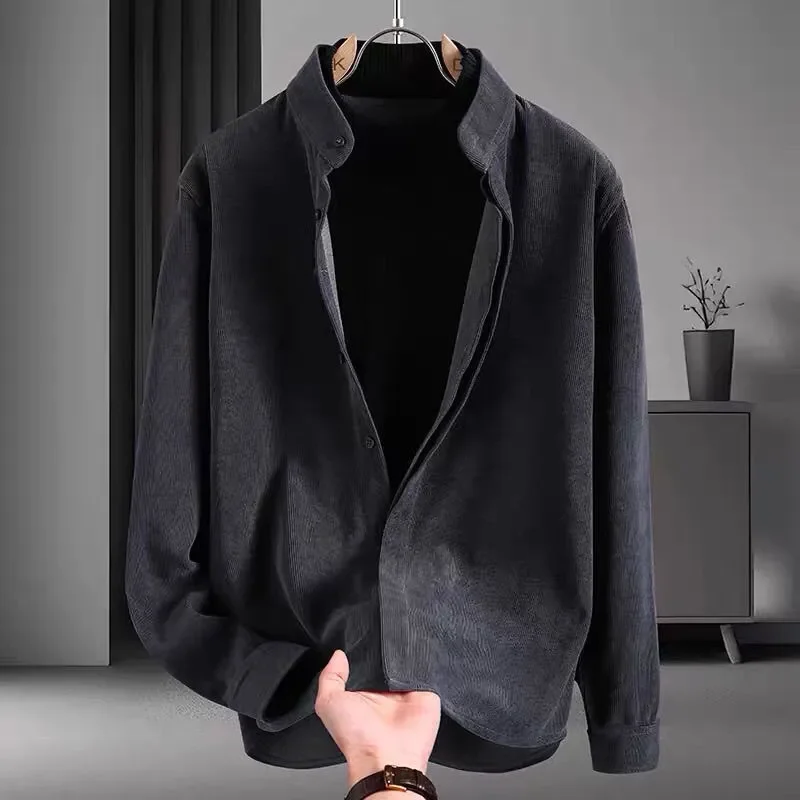 Men's Black Corduroy Long Sleeve Shirt Stand Collar Casual Loose Button-Down Blouse