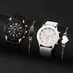 Reloj de pulsera de cuarzo con cinta de silicona para hombre y mujer, conjunto de pulsera de lujo, informal, de negocios, plateado, 4 piezas