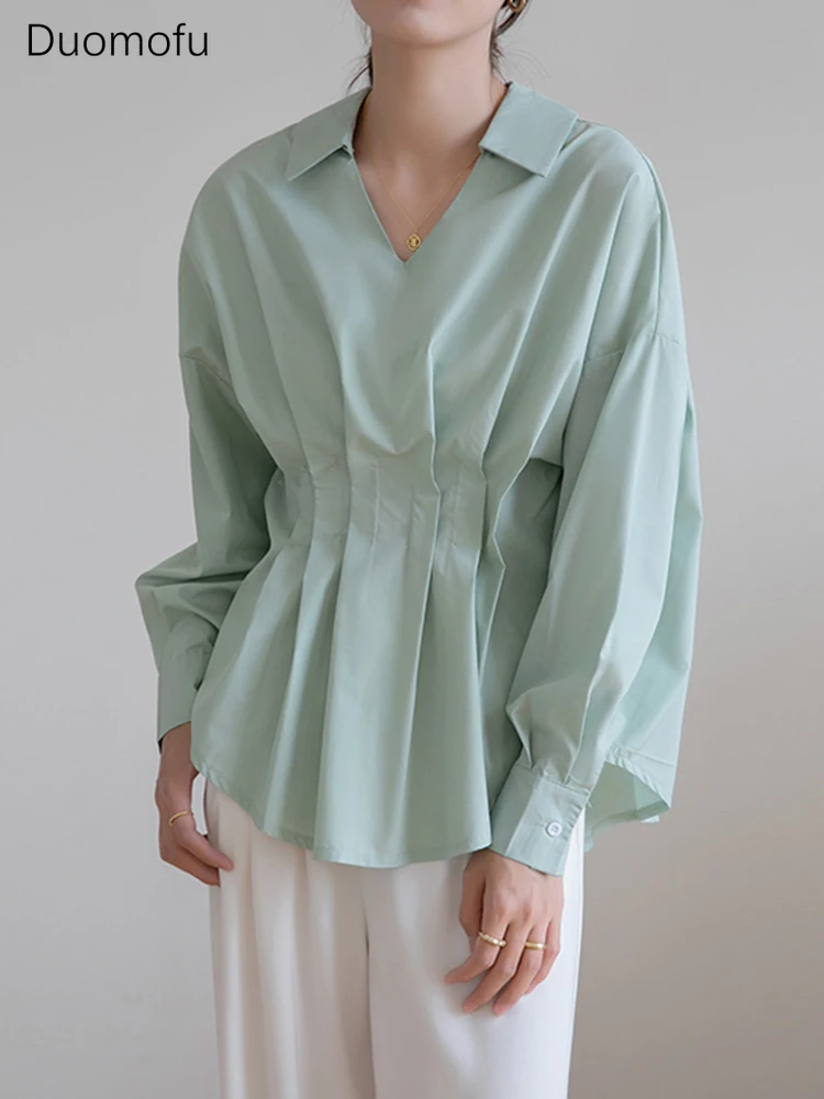 Duomofu Korean Fashion Big Size Pleated Blouse V Neck Plain Light Green Loose Casual Long Sleeve Drop Shoulder Shirt Tops Office