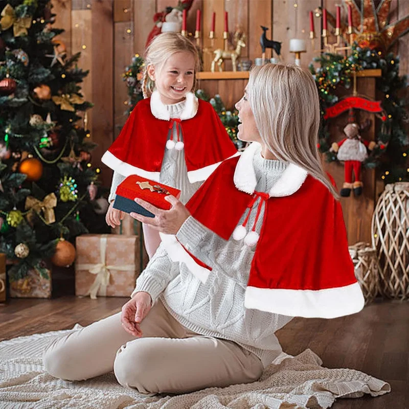 

Women Girls Christmas Santa Claus Cloak, Red Velvet Plush Trim Cape Holiday Party Cosplay Costume One Size