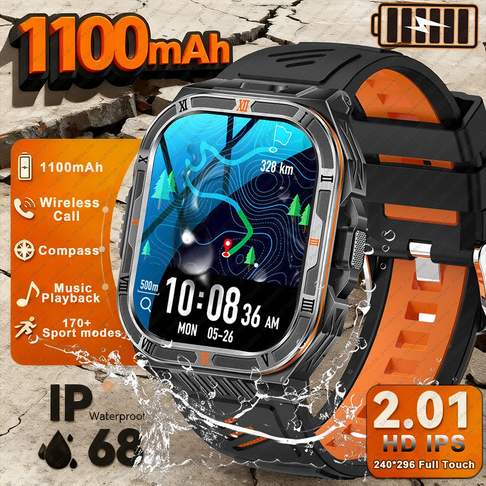 

New Military Outdoor Fitness Smart Watch Men 1100mAh Large Battery 5ATM Waterproof HD Bluetooth Call Outdoor Sports Smartwatch.