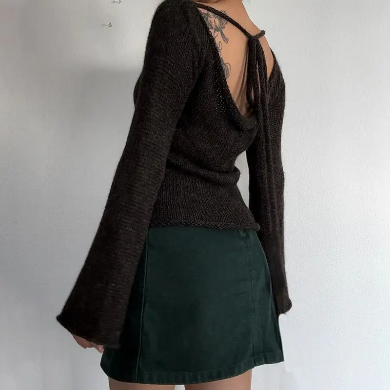 템퍼먼트 백리스 타이드 스웨터 니트 스웨터 여성용 플레어 슬리브 루즈 아우터 탑