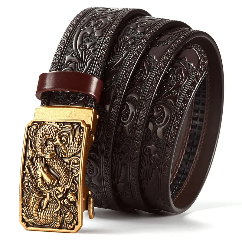 3,5 cm Beliebter chinesischer Loong-Gürtel aus Metalllegierung mit automatischer Schnalle, luxuriöser Herren-Gürtel aus echtem Leder, Retro-Gürtel mit geschnitzten Blumen – Detail 10
