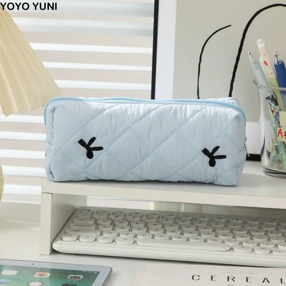 

Creative Korean Bow Pen Bag Gook Looking Aesthetic Puffy Quilted Pen Bag Sweet Cotton Stationery Storage Bag School Supplies