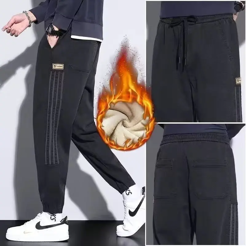 

Men's Casual Fce Lined Loose Fit Autumn Winter Cargo Pants Youthful Trendy Straight Leg Warm Trousers for Daily Wear