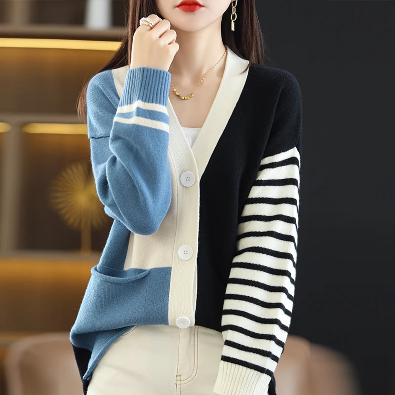 

Women's Cardigan Sweater Autumn/Winter 100% Pure Wool Sweater Knitted Jacket Female Long Sleeve Casual Oversize Loose Shirt
