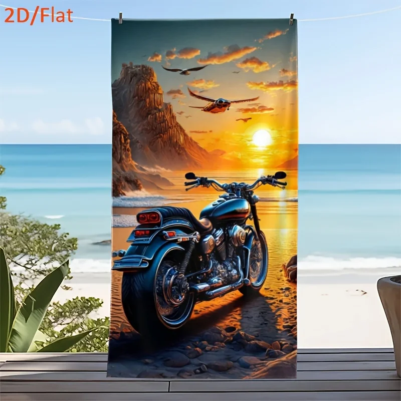 1pcs Stunning Sunset Motorcycle Beach Towel, Bold Bike Graphic Pool Blanket, Cool Summer Vibes Bath Towel