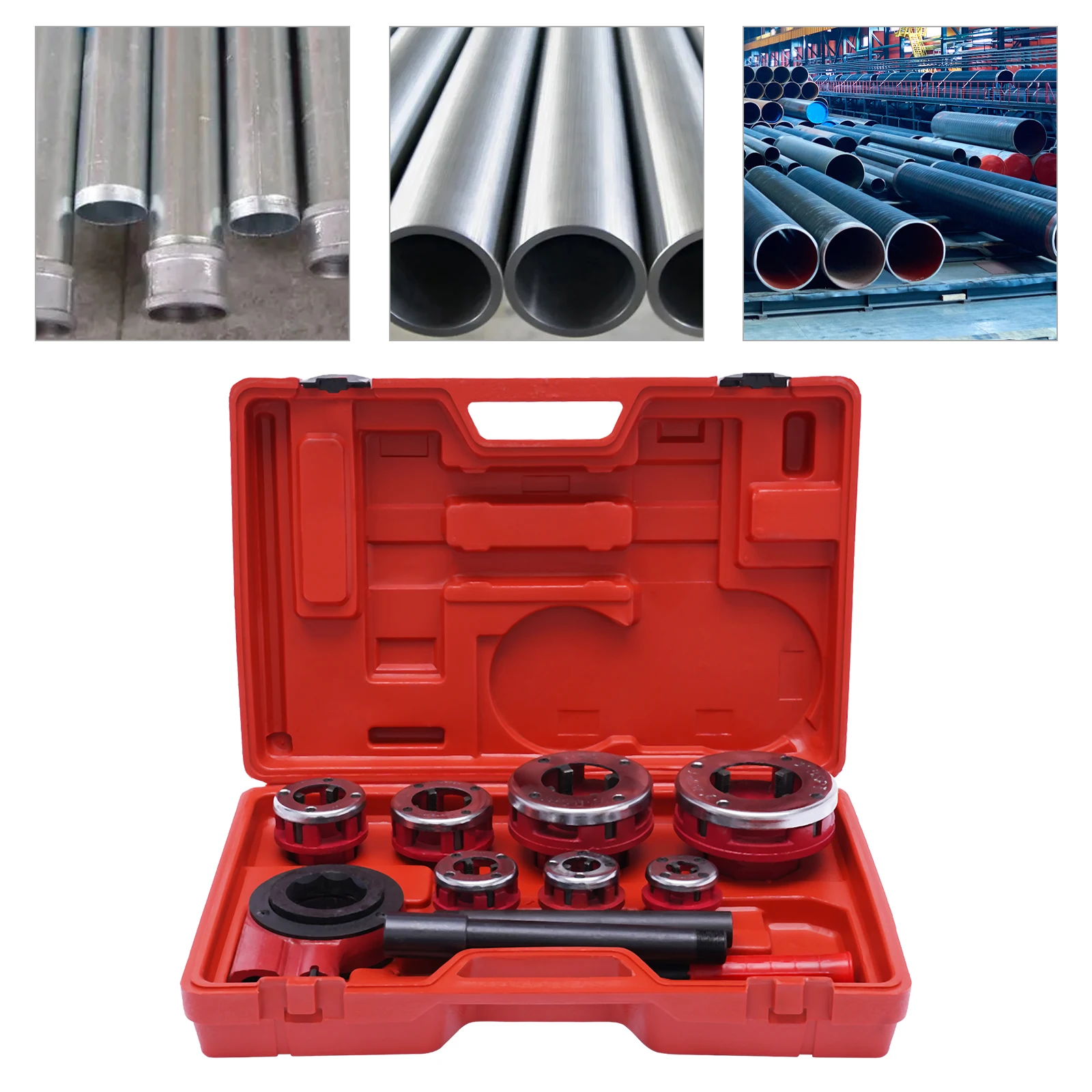 Tool Kit Portable 7 Size Ratchet Pipe Threader 3/8in To 2in Dies Set with Handle Ratcheting and Storage Case