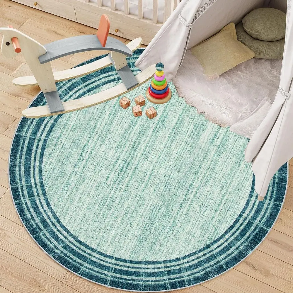 

6 ft Circular Living Room Rug, Ultra Thin & Washable, Soft Teal Minimalist Bordered Area Rug for Bedroom, Office, and Dining Roo
