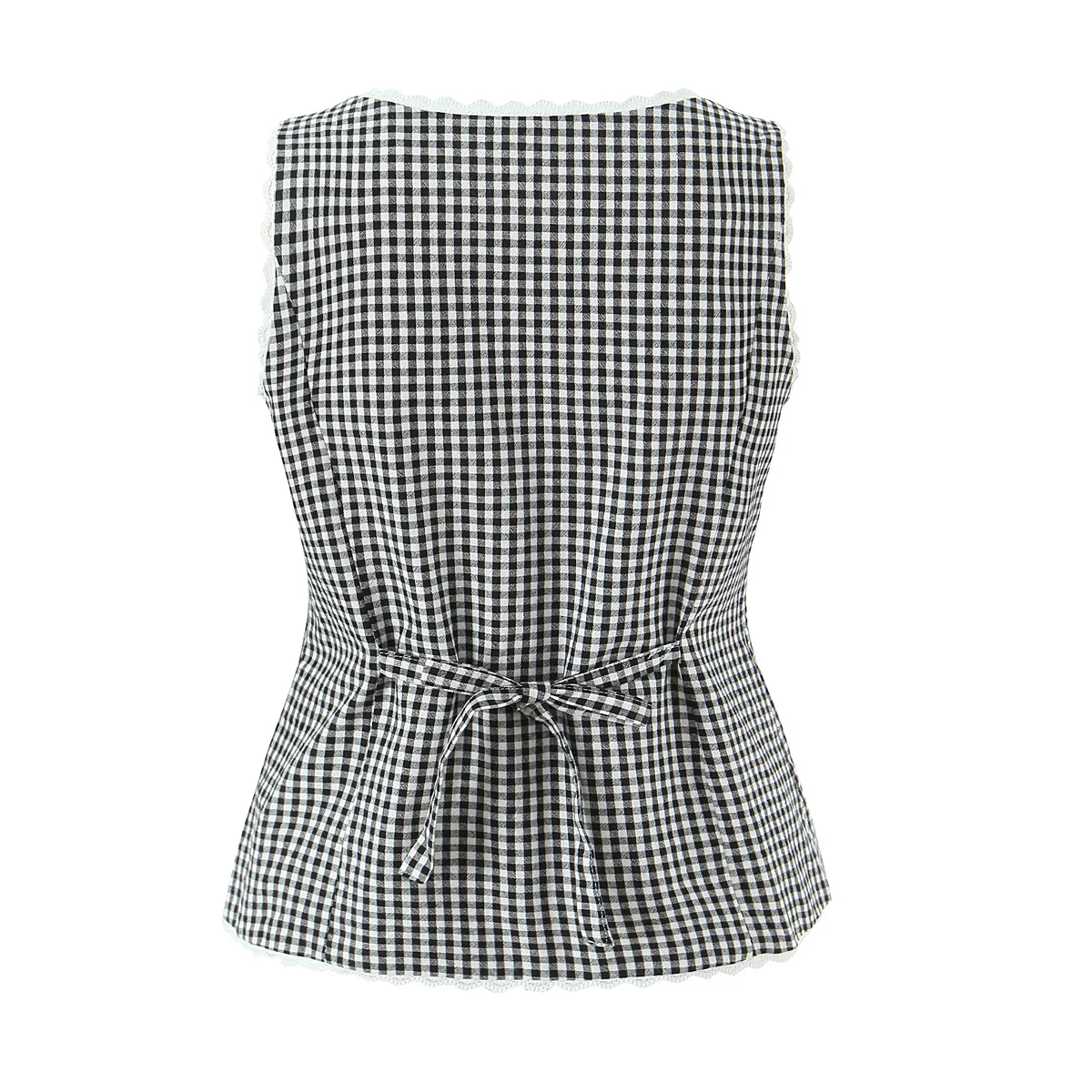 2025 Chic Black White Plaid Spliced Lace O neck Open Buttons Sleeveless Shirt Women Back Bow Lace-up Belt Tank Tops Tee Crop Top