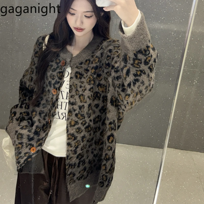 Gaganight damski O Neck Retro Leopard sweter z dzianiny sweter 2024 damski jesień nowy szykowny wnętrze luźny długi rękaw damski