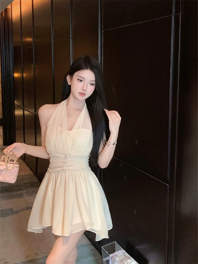 E Vestido Blanco de Gasa con Cuello ter para Mujer, Ajustado a la Cintura, Estilo Sexy y Puro, Sin Mangas, Línea A,...