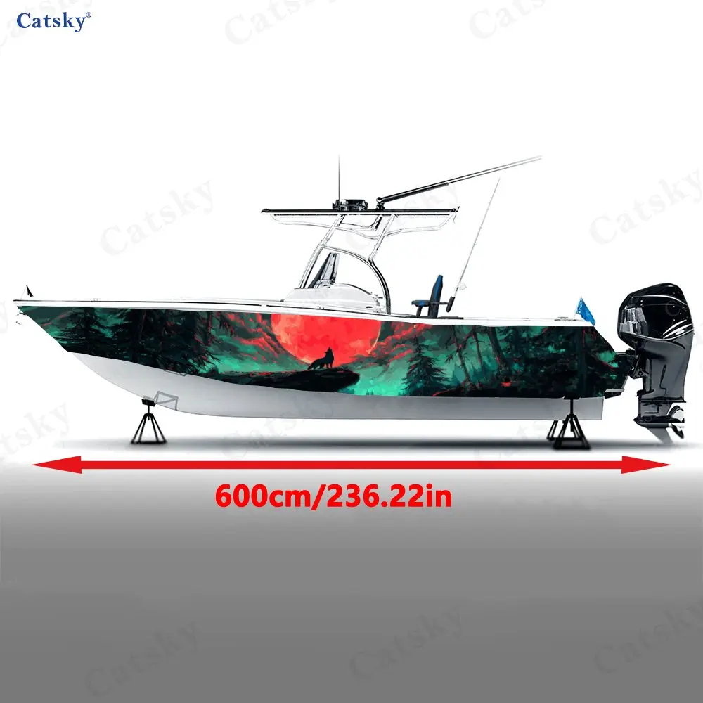 Blood Moon Lone Wolf Teal Boat Stickers, PVC Waterproof Durable Vinyl Wrap Decals for Fishing Boats, Durable and Stylish Design