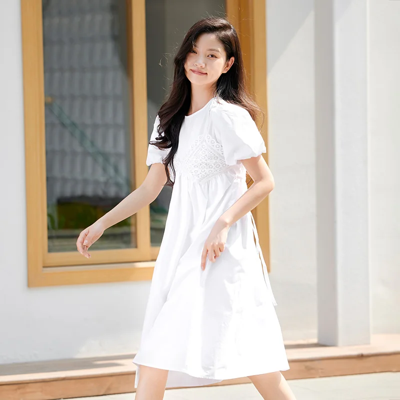 Semir Women Dress Stitching Fake Two Pieces White Bubble Sleeves 2023 Summer New Loose Cut-Out Dress Temperament