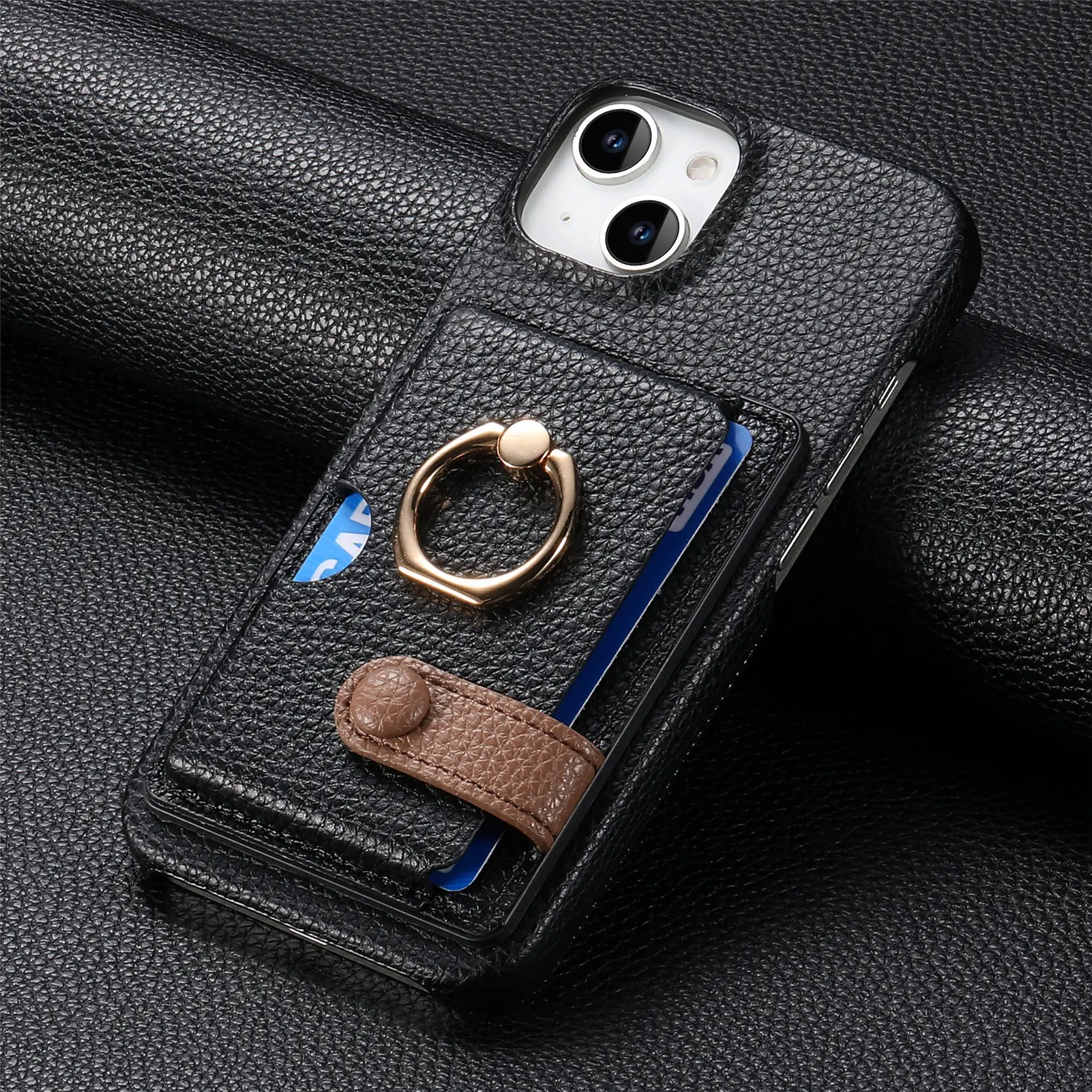 Leather Ring Support Phone Case for IPhone 17 Air 16E 18 16 15 14 13 12 11 Pro Max Plus Wallet with Card Holder Shockproof Cover