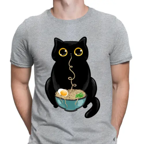 Ramen Cat Cute Anime Japanese Kitten Eating Noodles Funny Mens T-Shirts Top #D