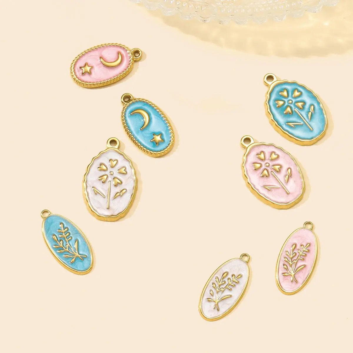 

3Pcs/Lot Stainless Steel Flower Leaf Moon Pendants Enamel Charms For DIY Fashion Jewelry Making Necklace Earring Wholesale