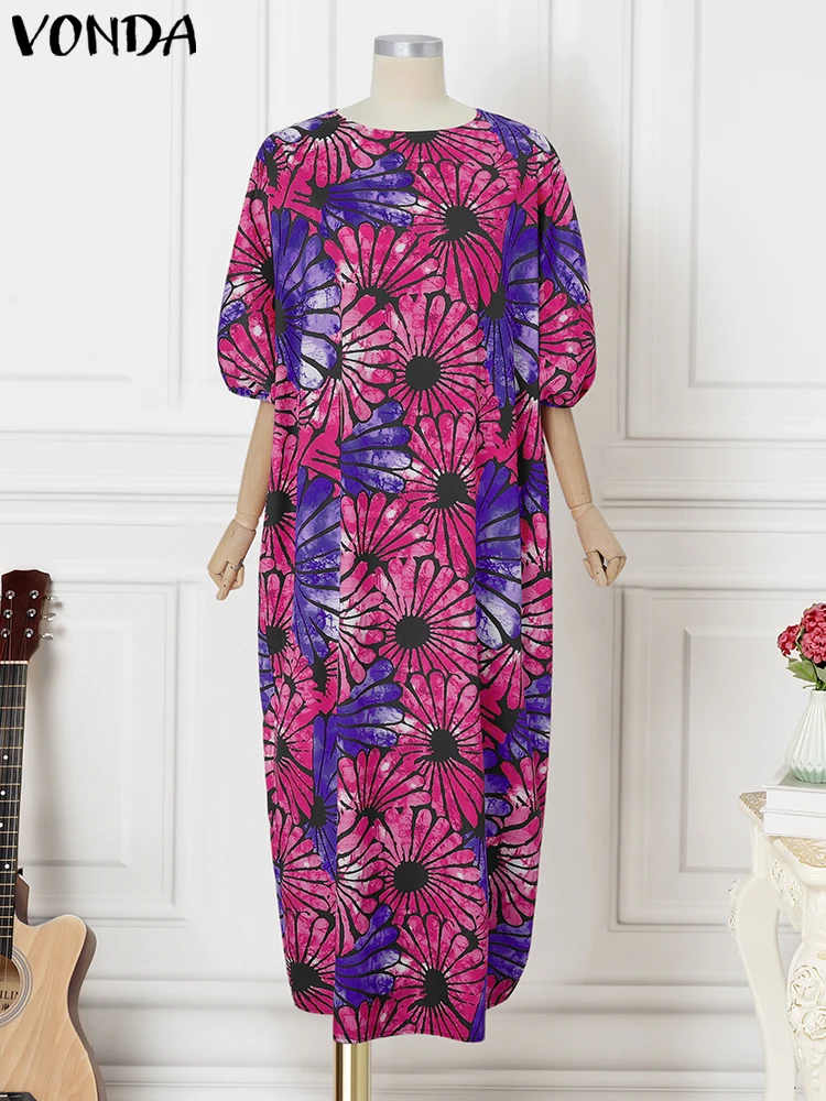 VONDA Plus Size Abito lungo bohémien da donna Abiti lunghi estivi Abito estivo da spiaggia stampato vintage Abito da festa con maniche a lanterna casual