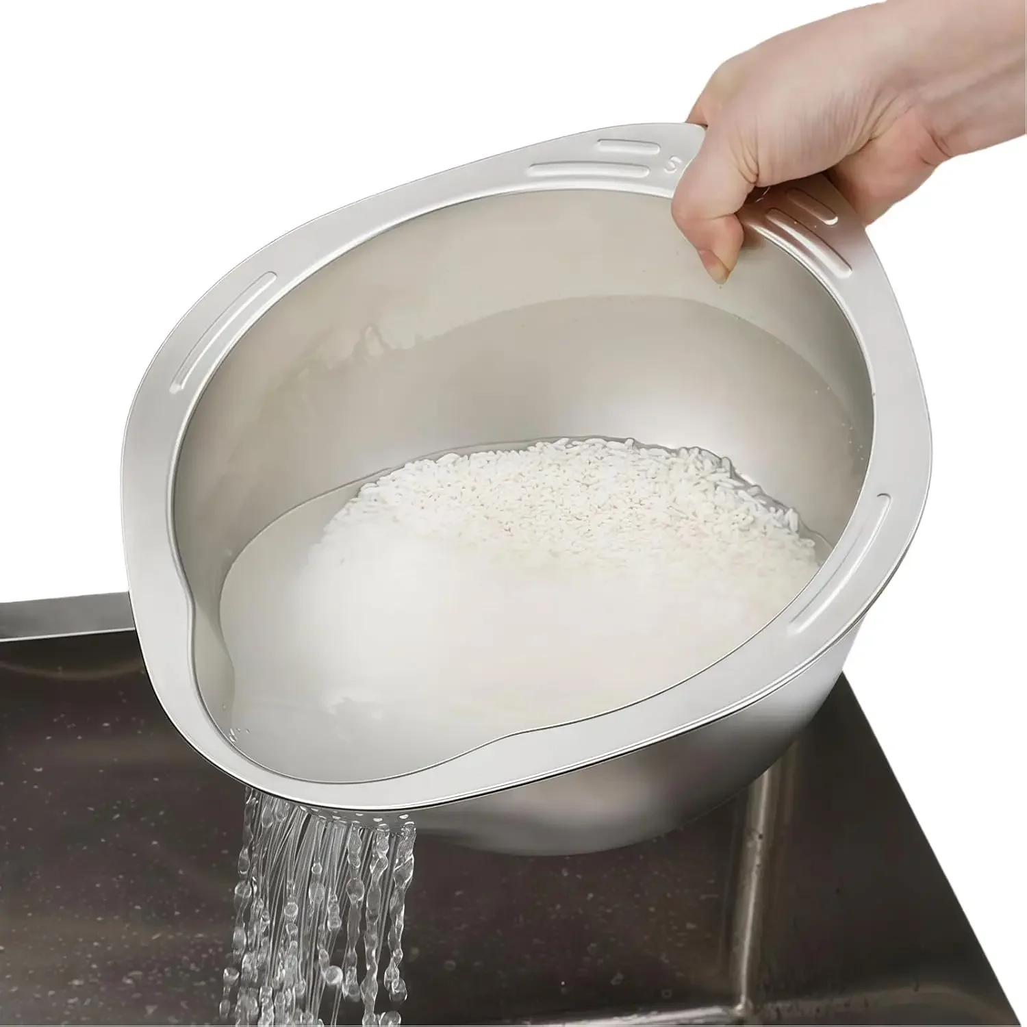 

Rice Washer Strainer Bowl, Stainless Steel Washing Bowl, Quinoa Colander Versatile Side Drainers for Cleaning Rinsing Fruits, Ve