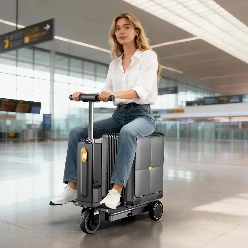 Modern Aluminum Smart Luggage with Integrated Portable Electric Mobility Scooter for Travelers Seeking Convenient Carry on