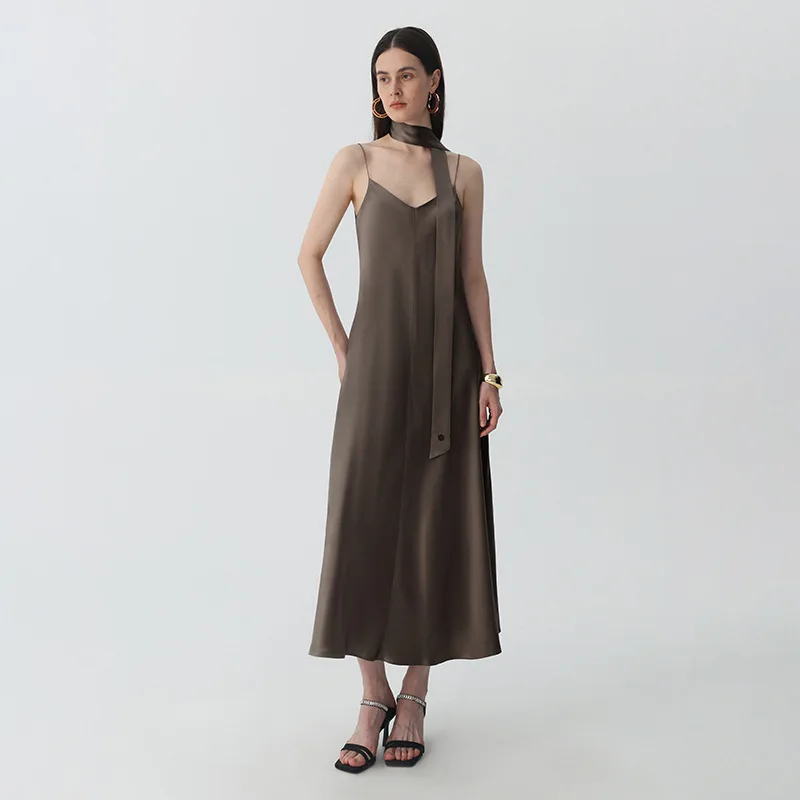 Women Luxury Glossy 100% Mulberry Silk Slip Maxi Dress V Neck Satin Long Dresses Elegant Evening Party Gown Daily Commute Outfit