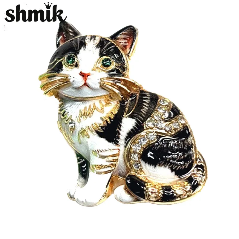 Vintage Enamel Rhinestone Cat Brooch 4 Styles Cute Sitting Kitten Lapel Pin, Pet Animal Brooches for Women Suit Scarf Dress Gift