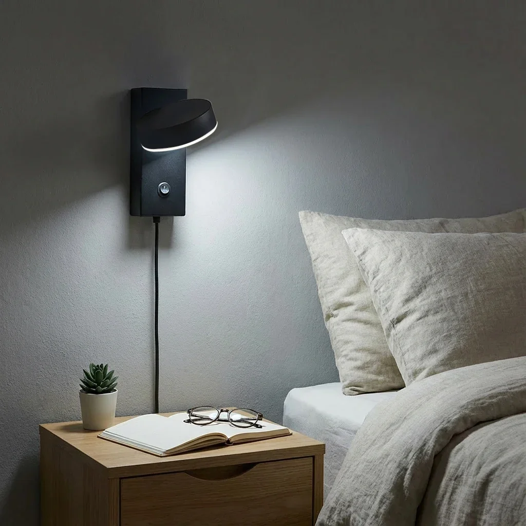 Modern plug indoor LED wall light 350 degree rotating 3W aluminum wall light, with switch button, suitable for desk, desk, bedro