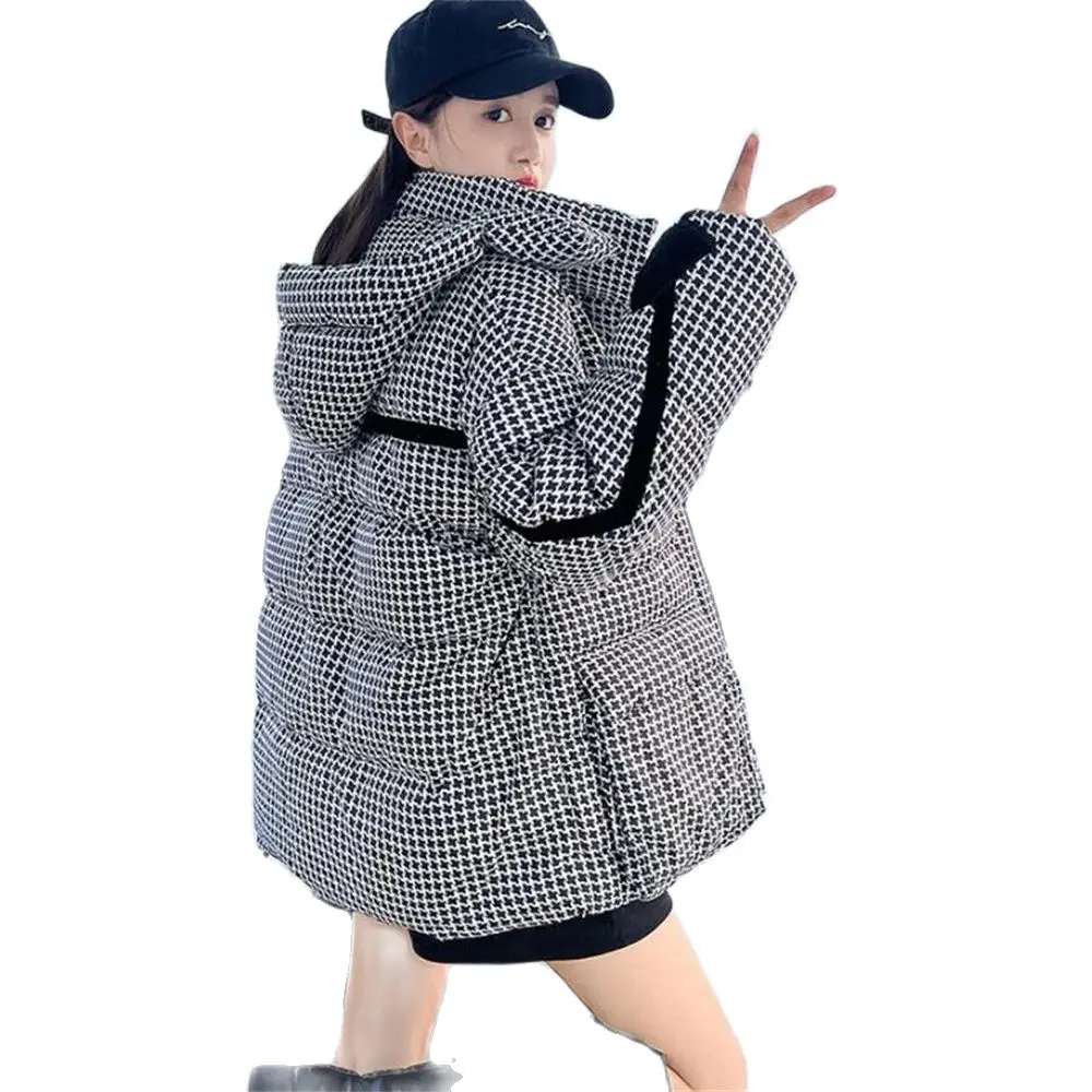 Houndstooth Hooded Puffer Jacket Women Winter Windproof Thickened White Duck Down Jacket Vintage Warm Parka Down Coat Jackets