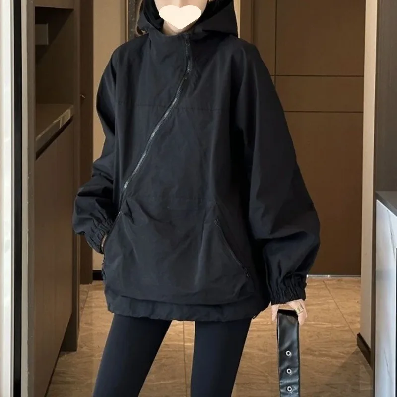 2023 New Spring Autumn Casual Loose Short-length Stormjacket Female Diagonal Zipper Design Hooded Commuting Fashion Thin Coat