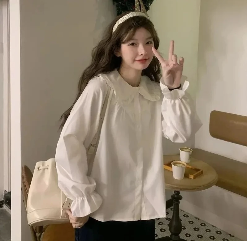 Vintage dames witte shirtreppy stijl mode elegante vrouwelijke blouse met lange mouwen