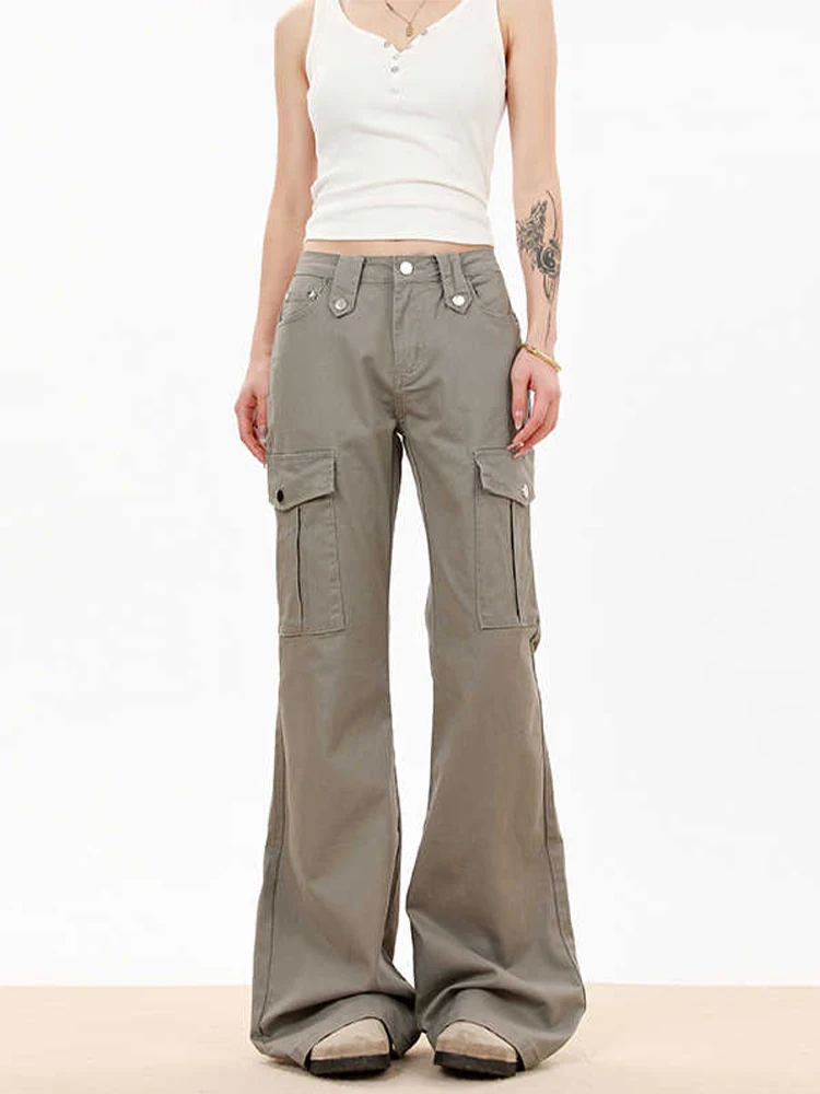 Women's Low Rise Jeans Khaki American Retro Bootcut Jeans Denim Cargo Pants Y2k Japanese 2000s High Street Harajuku Bell Bottom