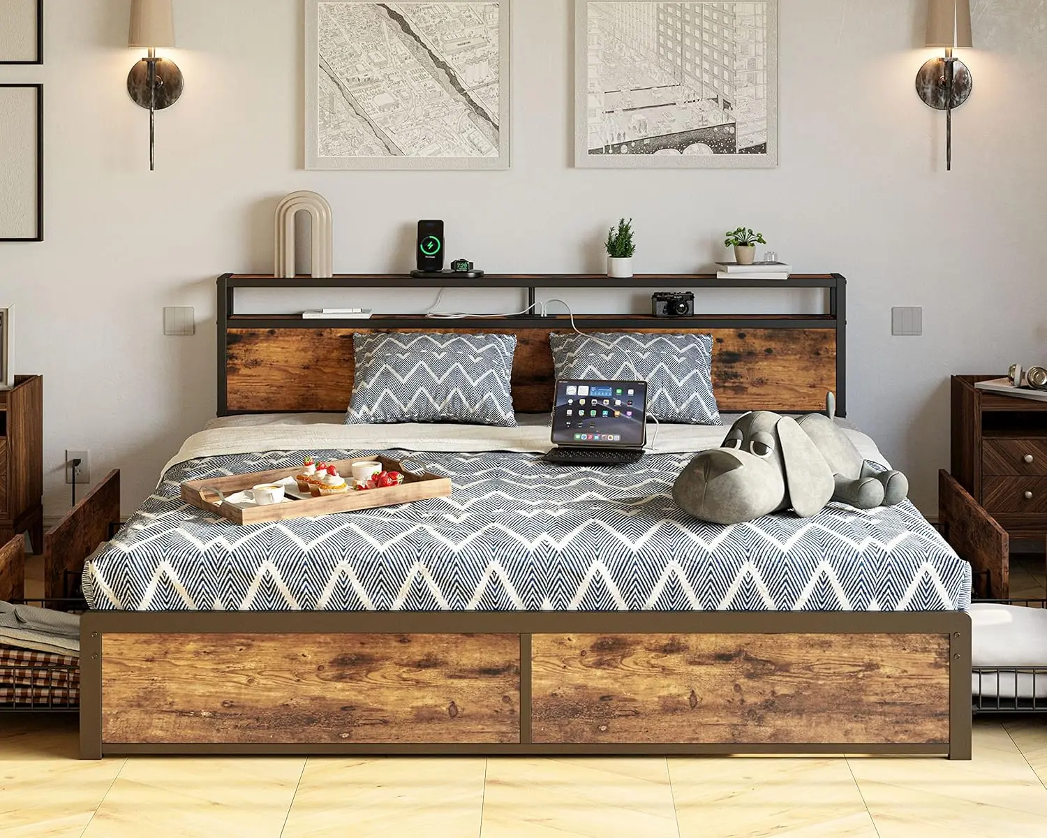 Likimio King Bed Frame Met Opberglade, 2-Tier Opslag Hoofdeinde Met Laadstation, Geen Boxspring Nodig, Gemakkelijk