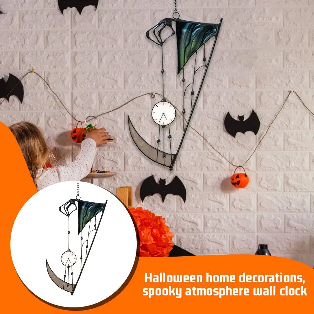 2024 Halloween Home Decoration Clock Reaper's Scythe Clock Chime Outdoor Wind Small Garden Home Sound Gift Pendant Decor K1b9