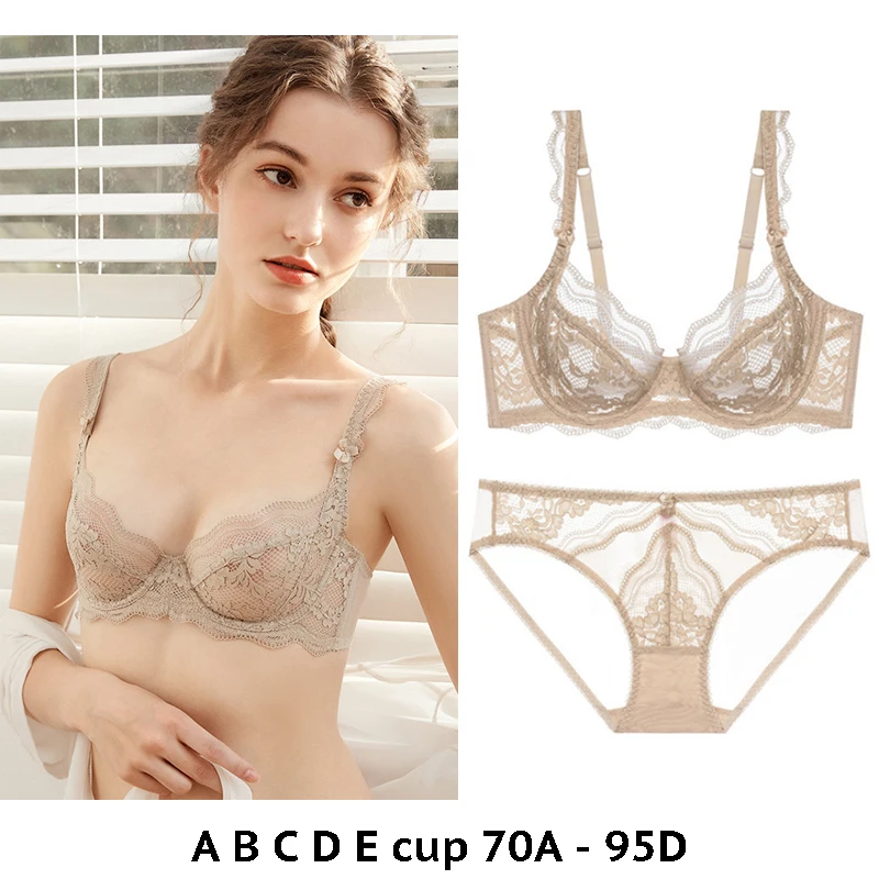 

high quality sexy women bras and brief set push up thin lace A B C D E cup comfortable wire summer lingerie underwear black pink