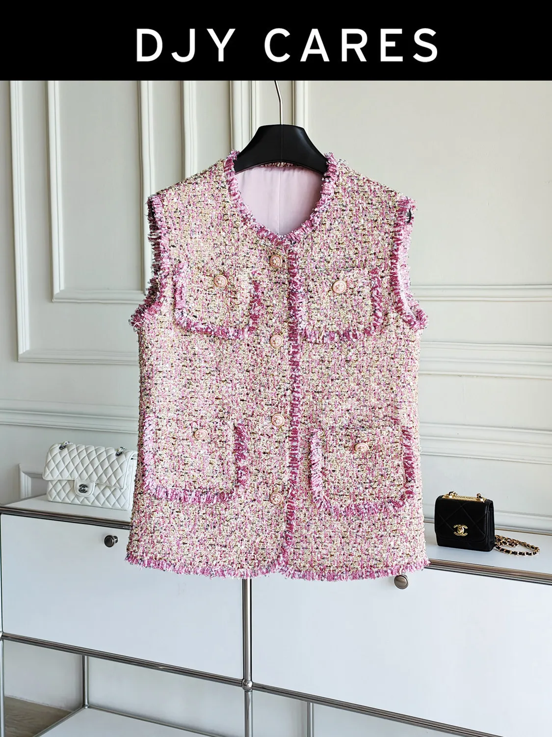 

Новый высококачественный тканый розово-розовый твидовый жилет для похудения, большой размер