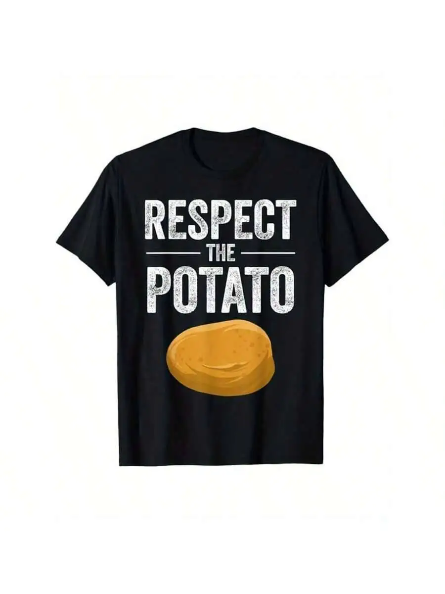 Men's "Respect The Potato" Graphic T-Shirt Soft Lightweight 220Gsm Cotton Tee, Loose Fit Round Neck Shirt Everyday Casual Wear -  100% Cotton Trendy Y2K Short-Sleeve Tee-Soft, Quick-Drying, Moisture-Wicking, Great Gift for Christmas or Halloween.