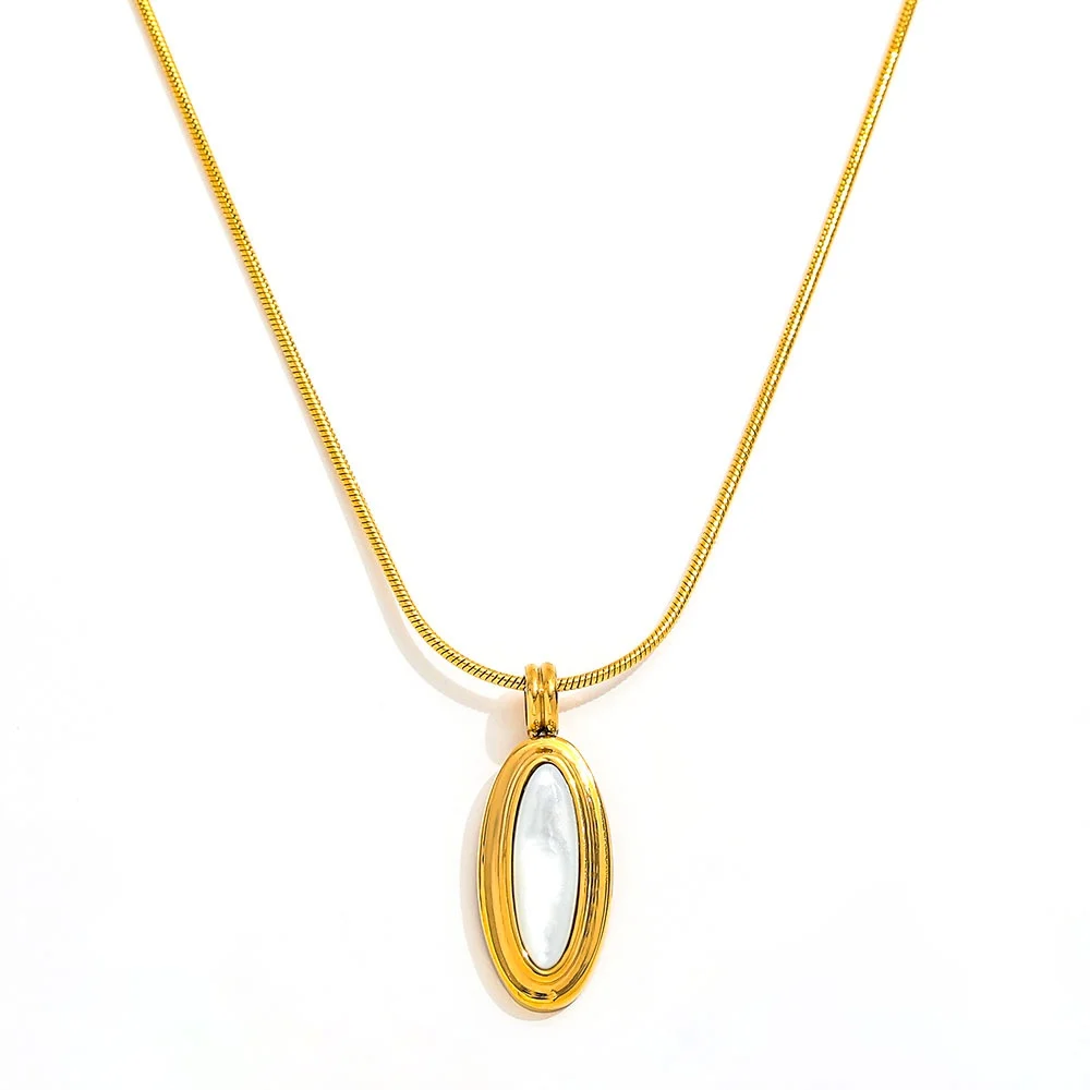 

Joolim Jewelry Wholesale Waterproof Fashion Dainty Oval White Shell Pendant Snake Bone Chain Stainless Steel Necklace for Women