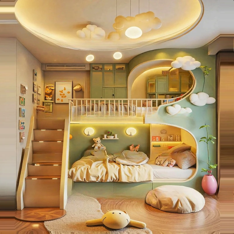 Rumah pohon di hutan, tempat tidur anak-anak, desain seperti harta karun anak laki-laki, bisa digunakan di atas dan di luar tempat tidur, hijau kecil segar dengan rak buku