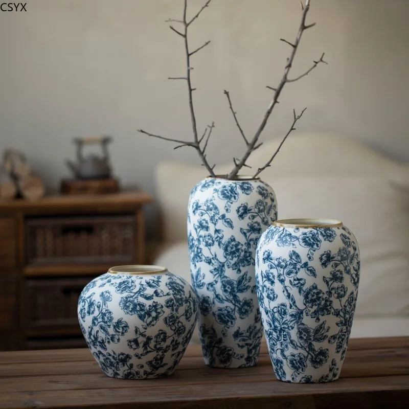 Jingdezhen Chinese Retro Ceramic Vase Pottery Pot Living Room Countertop Decoration Ornament  Decoration Mariage  Blumen Vase
