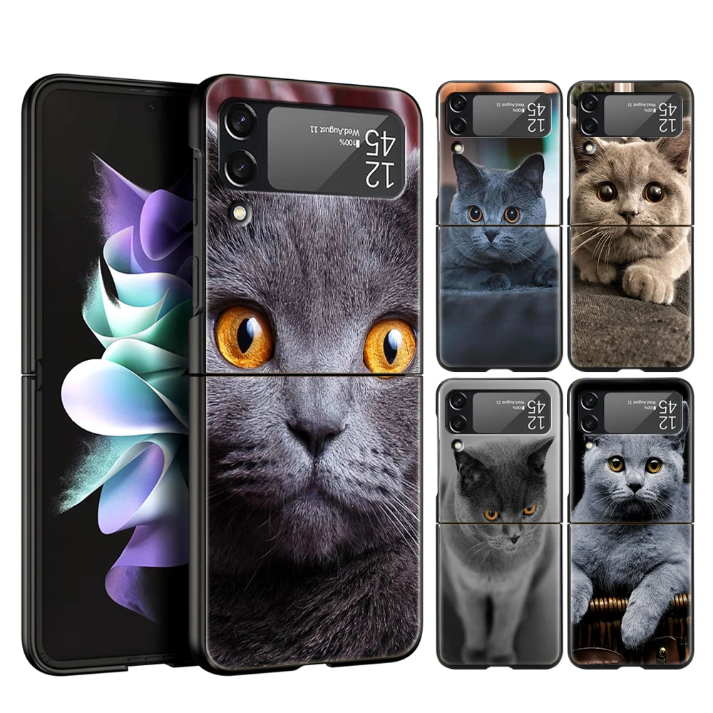 British Shorthair Cat Hard PC Phone Case For Samsung Galaxy Z Flip 5 4 3 Black Cover For Galaxy Z Flip 6 Foldable Shockproof Bag