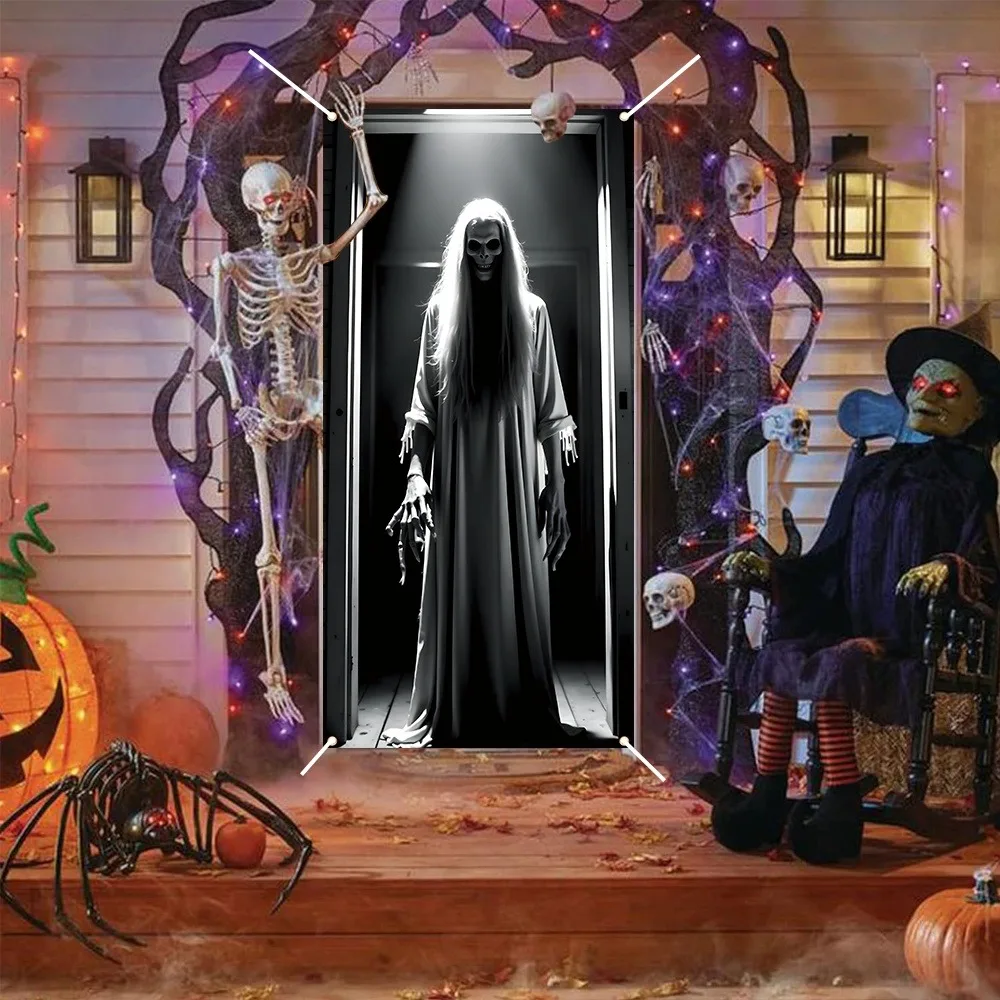 Scary Ghost Halloween Door Curtain Long Hair Specter Door Banner for Haunted House Front Door Horror Theme Party Decor ﻿