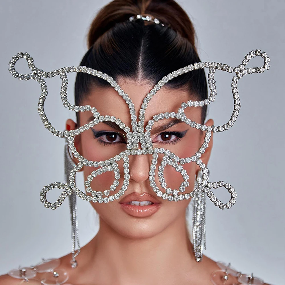

Stonefans Exaggerated Butterfly Mask Veil Lady Masquerade Costumes Fashion Show Oversize Rhinestone Face Veil Jewelry for Women