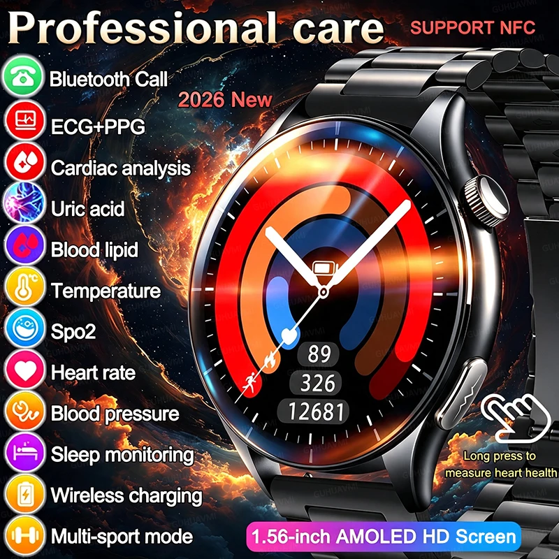 New Non-invasive Health Physical Examination Smart Watch ECG Laser Measure Blood Pressure Blood Fat Uric Acid NFC HD Call Watch
